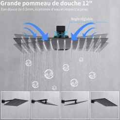 Colonne de Douche Encastrée Ensemble de Douche Mécanique avec Grande Tête Carrée 12 pouces, Système de Douche Encastrable Noir
