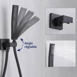 Colonne de Douche Encastrée Ensemble de Douche Mécanique avec Grande Tête Carrée 12 pouces, Système de Douche Encastrable Noir