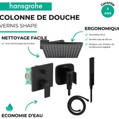 Colonne de douche encastrée mécanique HANSGROHE Vernis Shape Douche de tête Vernis Shape Flexible Isiflex Douchette PulsifyE noir