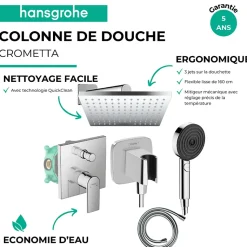 Colonne de douche encastrée mécanique HANSGROHE Vernis Shape Douche de tête Vernis Shape Flexible Isiflex Douchette Pulsify chromé