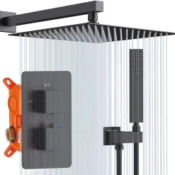 Colonne de Douche Encastrée Noir Système de Douche Thermostat en Laiton avec Tête de Douche Carrée 30x30CM