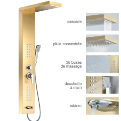 Colonne de douche hydromassante LULY 4 jets + 1 robinet Or - Saniverre