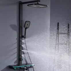 Colonne de Douche Hydromassante Thermostatique Noir avec LED et Affichage Numérique, Ensemble Complet avec Étagère de Rangement