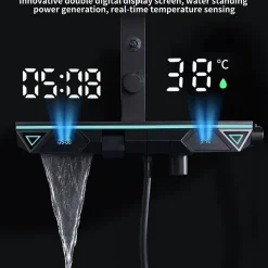Colonne de Douche Hydromassante Thermostatique Noir avec LED et Affichage Numérique, Ensemble Complet avec Étagère de Rangement