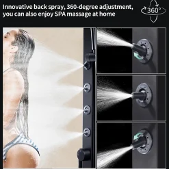 Colonne de Douche Hydromassante Thermostatique Noir avec LED et Affichage Numérique, Ensemble Complet avec Étagère de Rangement