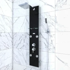 Colonne de douche hydromassante mécanique avec pommeau + douchette + flexible, noir, Galedo Glass