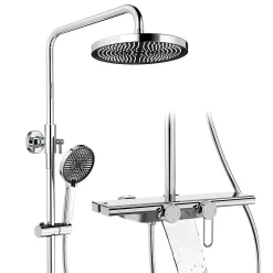 Colonne de Douche Mécanique avec Étagère 40 cm et Cascade Douchette 5 Jets et Jet Pluie Hauteur Réglable 940 a 1200 mm Chromé