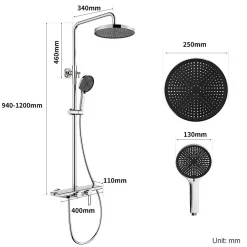 Colonne de Douche Mécanique avec Étagère 40 cm et Cascade Douchette 5 Jets et Jet Pluie Hauteur Réglable 940 a 1200 mm Chromé