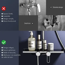 Colonne de Douche Mécanique avec Étagère 40 cm et Cascade Douchette 5 Jets et Jet Pluie Hauteur Réglable 940 a 1200 mm Chromé