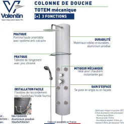 Colonne de douche mécanique hydromassante 6 buses avec tablette, pomme de tête, douchette 3 jets et flexible, gris, Valentin Totem Alu