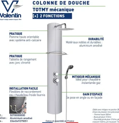 Colonne de douche mécanique avec pomme de tête, douchette et flexible, en aluminuim anodisé gris, Valentin Totmy