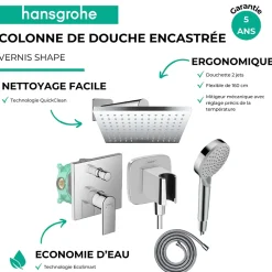 Colonne de douche mécanique HANSGROHE Vernis Shape Douche de tête Vernis Shape Flexible Métaflex Douchette Vernis Blend chromé