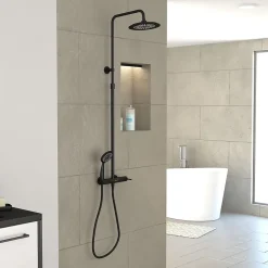 Colonne de douche mécanique avec pommeau + douchette 2 jets + flexible + barre réglable, noir mat, Galedo Arty