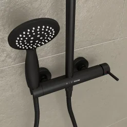 Colonne de douche mécanique avec pommeau + douchette 2 jets + flexible + barre réglable, noir mat, Galedo Arty