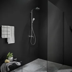 Colonne de douche mécanique chrome avec pommeau rond + douchette 1 jet + flexible, Hansgrohe Crometta S 240