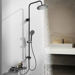 Colonne de Douche Mecanique avec Étagère Ensemble de Douche Douchette et Tête de Douche Hauteur Réglable 839 à 1164 mm ABS Noir