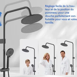 Colonne de Douche Mecanique avec Étagère Ensemble de Douche Douchette et Tête de Douche Hauteur Réglable 839 à 1164 mm ABS Noir