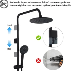 Colonne de Douche Mecanique avec Mitigeur 2 Fonctions Jet Pluie Douchette a Main Hauteur Reglable 839 a 1164 mm Inox Noir
