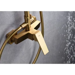Colonne de douche mitigeur or brosse acier et laiton douchette extensible pomme extraplate antic