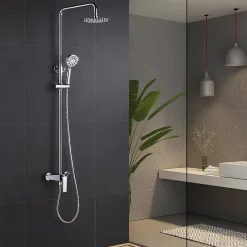 Colonne de douche mitigeur chrome acier et laiton avec barre extensible et pommeau plat anticalcair