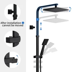 Colonne de Douche Noir avec Mitigeur Thermostatique 2 Fonctions Ensemble de Douche Noir en Laiton, Haute Réglable 110-137 cm