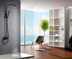 Colonne de douche noir mat acier et cuivre avec mitigeur monocommande et douchette extensible