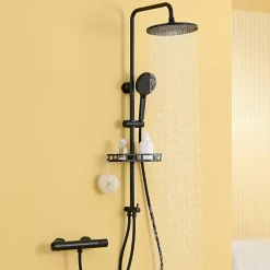 Colonne de Douche, Réglable Hauteur avec Étagère Douche Set kit Douche sans Robinet avec Pommeau Douche Rond 25cm,Noir