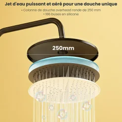 Colonne de Douche, Réglable Hauteur avec Étagère Douche Set kit Douche sans Robinet avec Pommeau Douche Rond 25cm,Noir