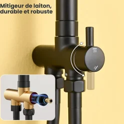 Colonne de Douche, Réglable Hauteur avec Étagère Douche Set kit Douche sans Robinet avec Pommeau Douche Rond 25cm,Noir