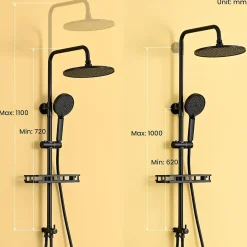 Colonne de Douche, Réglable Hauteur avec Étagère Douche Set kit Douche sans Robinet avec Pommeau Douche Rond 25cm,Noir
