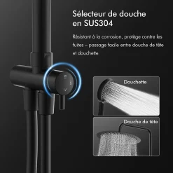 Colonne de Douche Sans Mitigeur Systeme de Douche Effet Pluie Douchette 3 Fonctions Hauteur Reglable 500 a 1220 mm Inox Noir