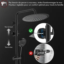 Colonne de Douche Sans Mitigeur Systeme de Douche Effet Pluie Douchette 3 Fonctions Hauteur Reglable 500 a 1220 mm Inox Noir