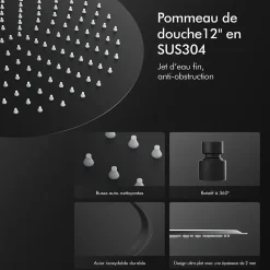 Colonne de Douche Sans Mitigeur Systeme de Douche Effet Pluie Douchette 3 Fonctions Hauteur Reglable 500 a 1220 mm Inox Noir