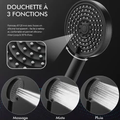 Colonne de Douche Sans Mitigeur Systeme de Douche Effet Pluie Douchette 3 Fonctions Hauteur Reglable 500 a 1220 mm Inox Noir