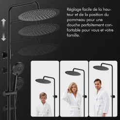 Colonne de Douche Sans Mitigeur Systeme de Douche Effet Pluie Douchette 3 Fonctions Hauteur Reglable 500 a 1220 mm Inox Noir