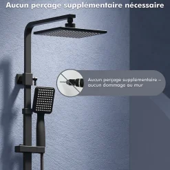 Colonne de Douche sans Mitigeur Systeme de Douche avec Douchette Set Kit de Douche en Acier Inox Noir Réglable en Hauteur