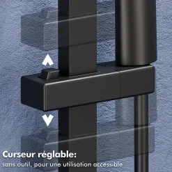 Colonne de Douche sans Mitigeur Systeme de Douche avec Douchette Set Kit de Douche en Acier Inox Noir Réglable en Hauteur