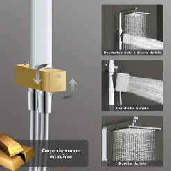 Colonne de Douche sans Mitigeur Systeme de Douche avec Douchette Set Kit de Douche en Acier Inox Réglable en Hauteur Chromé