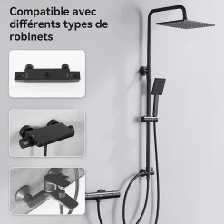 Colonne de douche sans robinetterie avec pommeau + douchette+ flexible + barre réglable, Noir