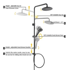 Colonne de douche sans robinetterie avec pommeau + douchette+ flexible + barre réglable, Noir