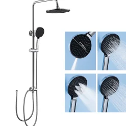 Colonne de douche sans robinetterie avec pommeau + douchette 4 jets + flexible + barre réglable, chromé