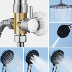 Colonne de douche sans robinetterie avec pommeau + douchette 4 jets + flexible + barre réglable, chromé