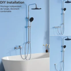 Colonne de douche sans robinetterie avec pommeau + douchette 4 jets + flexible + barre réglable, chromé