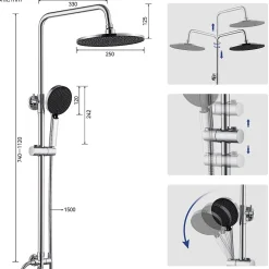 Colonne de douche sans robinetterie avec pommeau + douchette 4 jets + flexible + barre réglable, chromé
