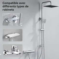 Colonne de douche sans robinetterie avec pommeau + douchette + flexible + barre réglable, chromé