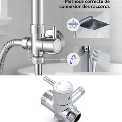 Colonne de douche sans robinetterie avec pommeau + douchette + flexible + barre réglable, chromé