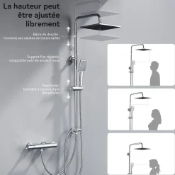 Colonne de douche sans robinetterie avec pommeau + douchette + flexible + barre réglable, chromé
