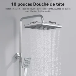 Colonne de douche sans robinetterie avec pommeau + douchette + flexible + barre réglable, chromé