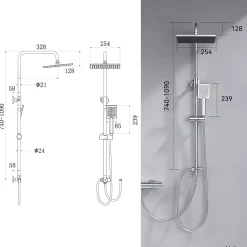 Colonne de douche sans robinetterie avec pommeau + douchette + flexible + barre réglable, chromé