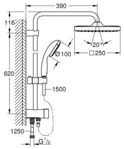 Colonne de douche sans robinetterie avec pommeau + douchette 1 jet + flexible + barre réglable Grohe Vitalio Start 250 Cube